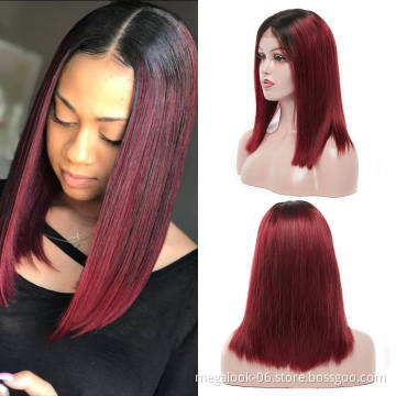 MegaLook 180% density Glueless Remy Peruvian Human Hair ombre Dark Red 99j Lace Front Short Wavy Bob Wig